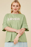 HY8539W Sage Plus Lover Verbiage Patch Raw Edge Detail T Shirt Front