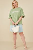HY8539W Sage Plus Lover Verbiage Patch Raw Edge Detail T Shirt Pose