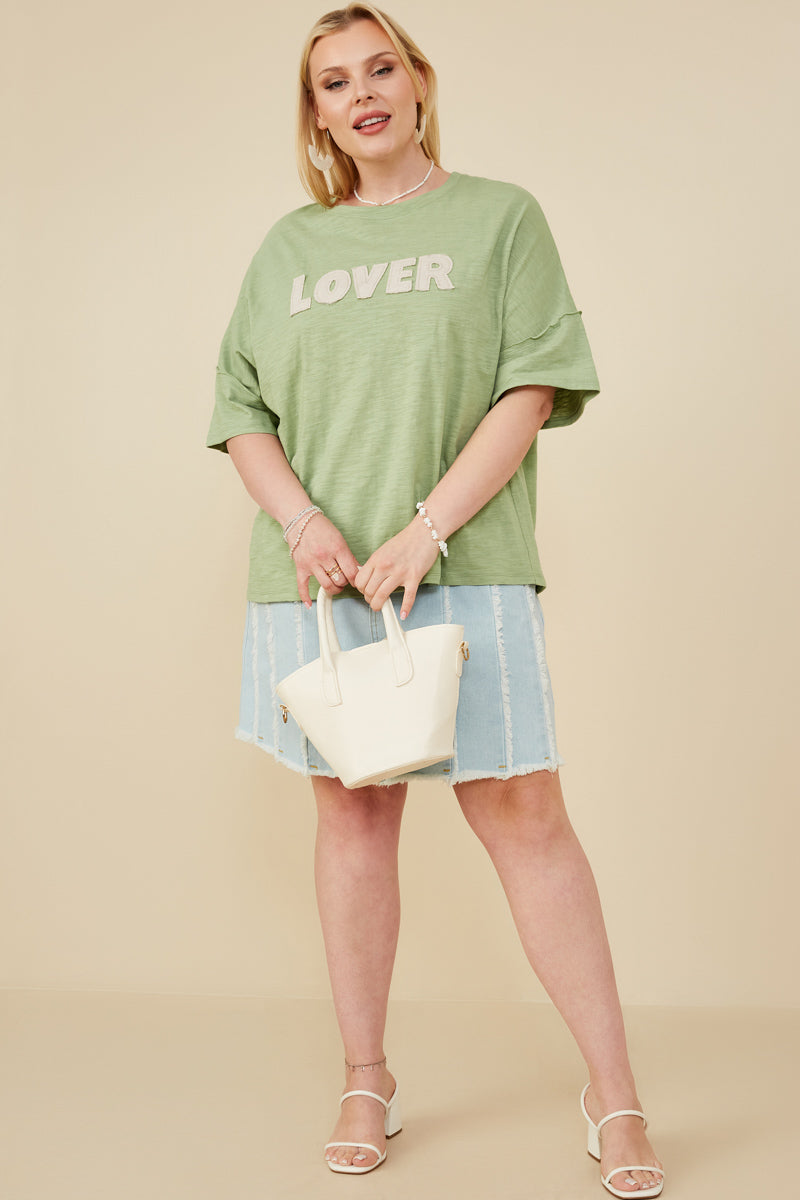 HY8539W Sage Plus Lover Verbiage Patch Raw Edge Detail T Shirt Pose