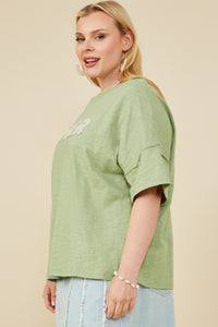HY8539W Sage Plus Lover Verbiage Patch Raw Edge Detail T Shirt Side