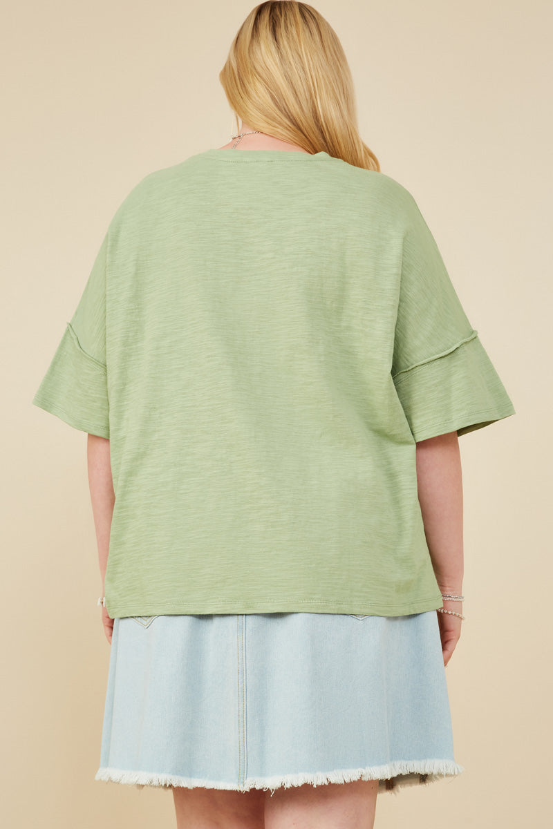 HY8539W Sage Plus Lover Verbiage Patch Raw Edge Detail T Shirt Back