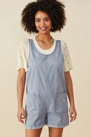 HY8542 Dusty Blue Womens Washed Patch Pocket Scoop Back Sleeveless Romper Front