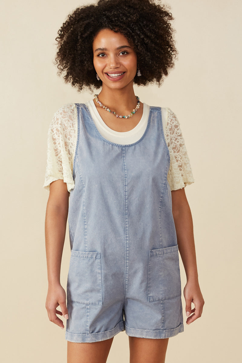 Womens Washed Patch Pocket Scoop Back Sleeveless Romper