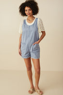 HY8542 Dusty Blue Womens Washed Patch Pocket Scoop Back Sleeveless Romper Pose