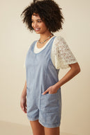 HY8542 Dusty Blue Womens Washed Patch Pocket Scoop Back Sleeveless Romper Side