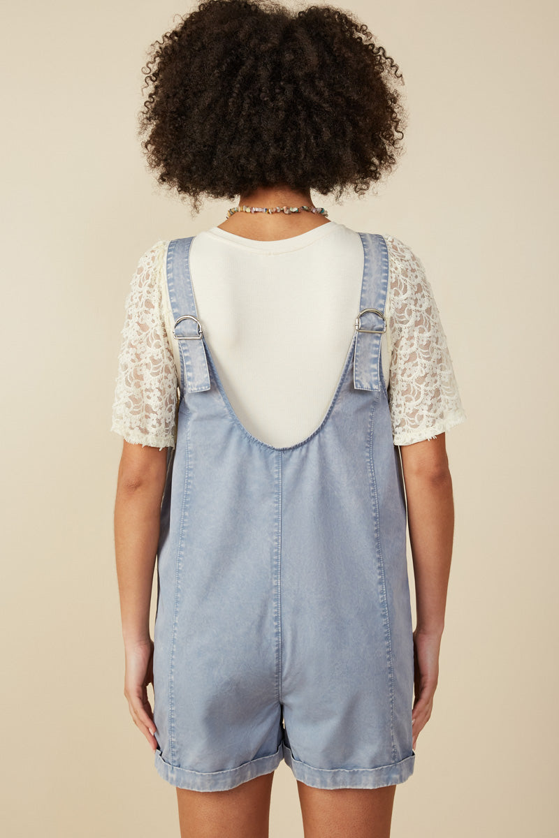 HY8542 Dusty Blue Womens Washed Patch Pocket Scoop Back Sleeveless Romper Back