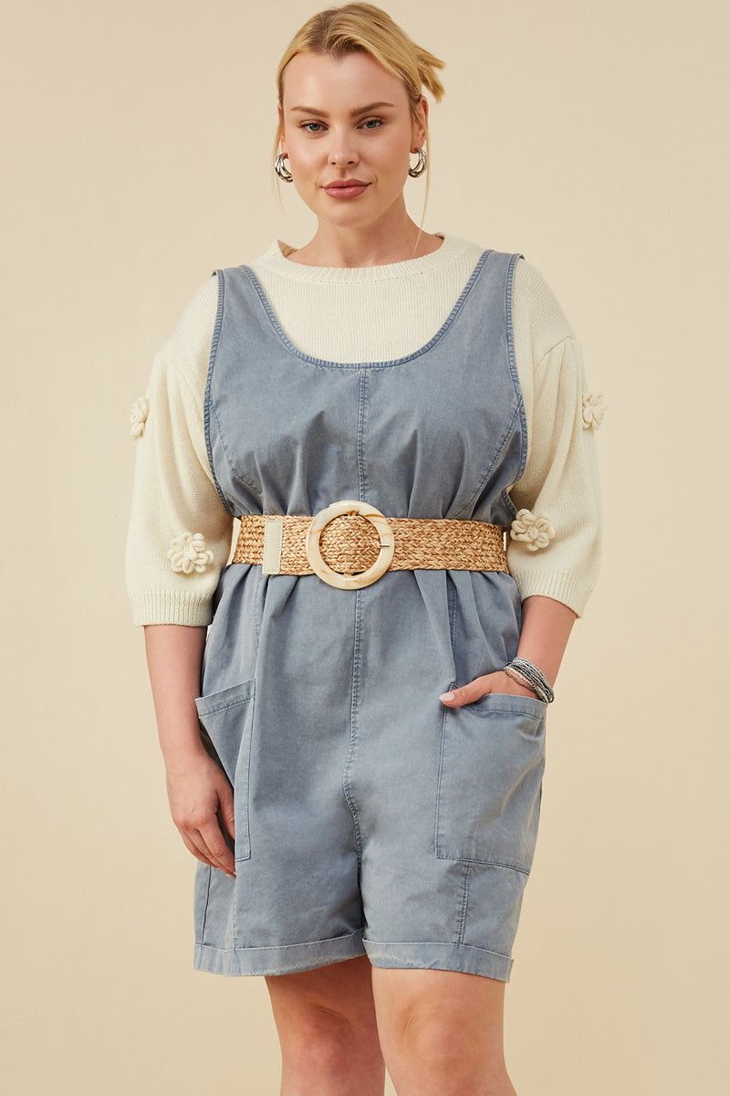 Womens Washed Patch Pocket Scoop Back Sleeveless Romper