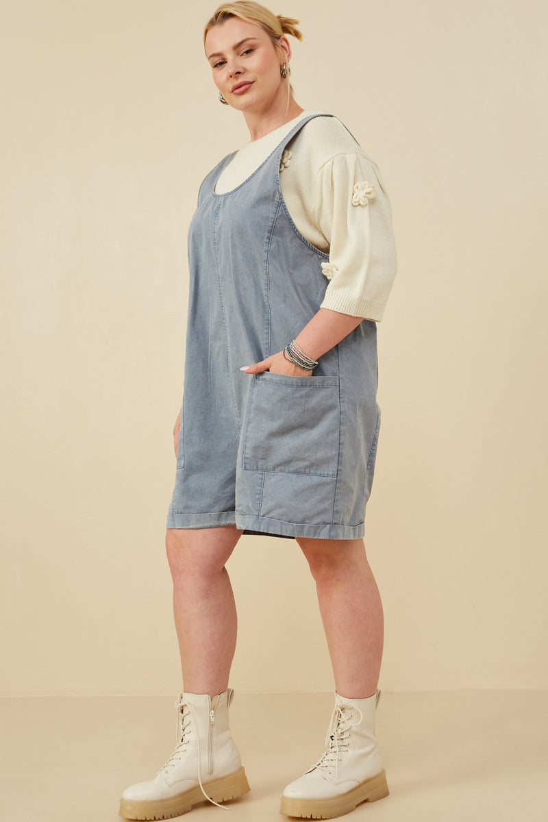 HY8542W Dusty Blue Womens Washed Patch Pocket Scoop Back Sleeveless Romper Side