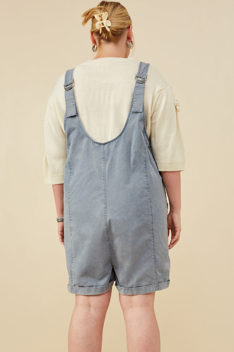 HY8542W Dusty Blue Womens Washed Patch Pocket Scoop Back Sleeveless Romper Back