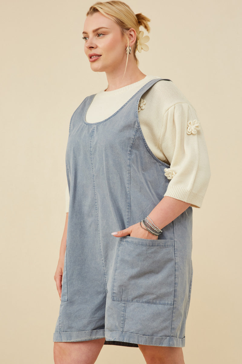 HY8542W Dusty Blue Womens Washed Patch Pocket Scoop Back Sleeveless Romper Side 2