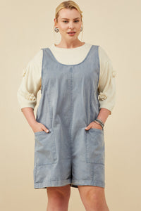 HY8542W Dusty Blue Womens Washed Patch Pocket Scoop Back Sleeveless Romper Front 2