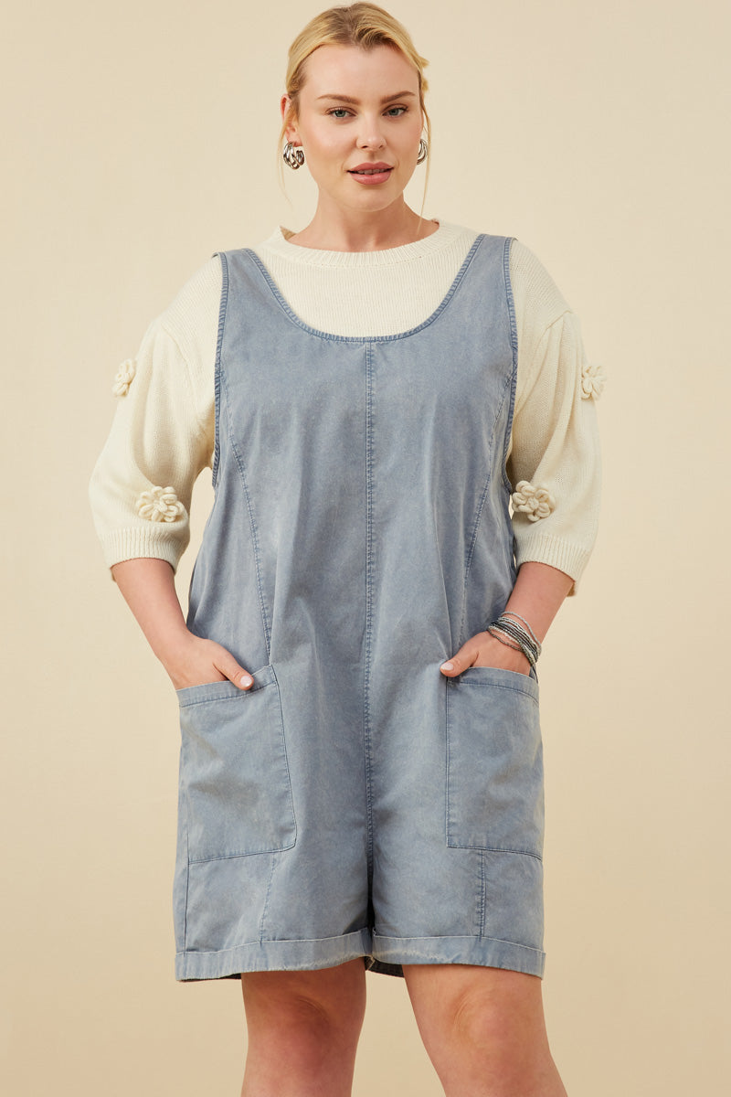 HY8542W Dusty Blue Womens Washed Patch Pocket Scoop Back Sleeveless Romper Front 2