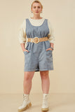 HY8542W Dusty Blue Womens Washed Patch Pocket Scoop Back Sleeveless Romper Pose