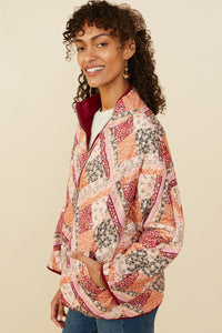 HY8579 Burgundy Womens Patch Print Quilted Light Padded Jacket Side