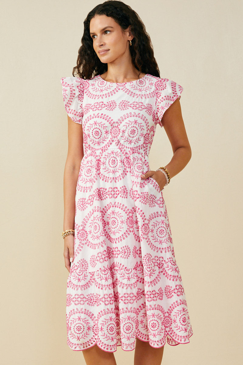 Womens Eyelet Embroidered Flutter Sleeve Scallop Hem Dress