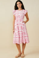 HY8603 Pink Womens Eyelet Embroidered Flutter Sleeve Scallop Hem Dress Pose