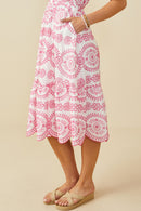 HY8603 Pink Womens Eyelet Embroidered Flutter Sleeve Scallop Hem Dress Detail