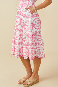 HY8603 Pink Womens Eyelet Embroidered Flutter Sleeve Scallop Hem Dress Detail