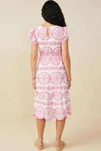 HY8603 Pink Womens Eyelet Embroidered Flutter Sleeve Scallop Hem Dress Back