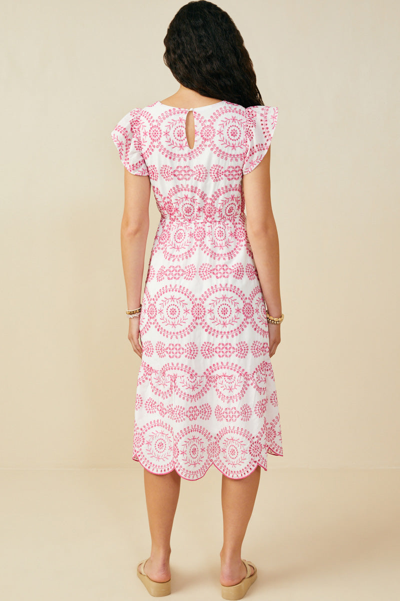 HY8603 Pink Womens Eyelet Embroidered Flutter Sleeve Scallop Hem Dress Back