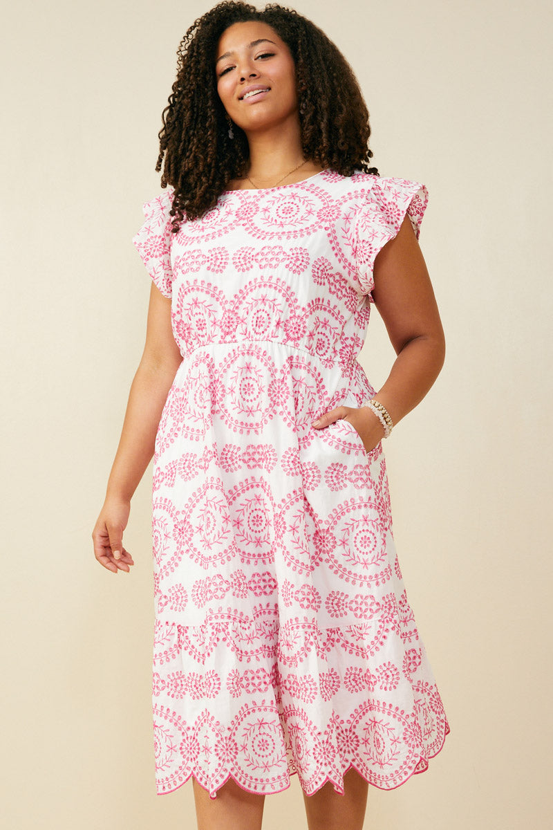 Womens Scallop Eyelet Embroidered Hem Dress