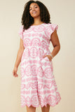 HY8603W Pink Womens Eyelet Embroidered Flutter Sleeve Scallop Hem Dress Front