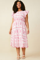 HY8603W Pink Womens Eyelet Embroidered Flutter Sleeve Scallop Hem Dress Front 2