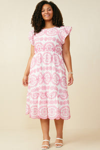 HY8603W Pink Womens Eyelet Embroidered Flutter Sleeve Scallop Hem Dress Front 2