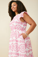 HY8603W Pink Womens Eyelet Embroidered Flutter Sleeve Scallop Hem Dress Side
