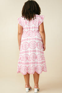 HY8603W Pink Womens Eyelet Embroidered Flutter Sleeve Scallop Hem Dress Back