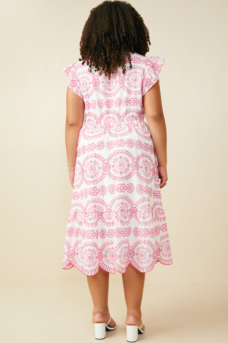 HY8603W Pink Womens Eyelet Embroidered Flutter Sleeve Scallop Hem Dress Back