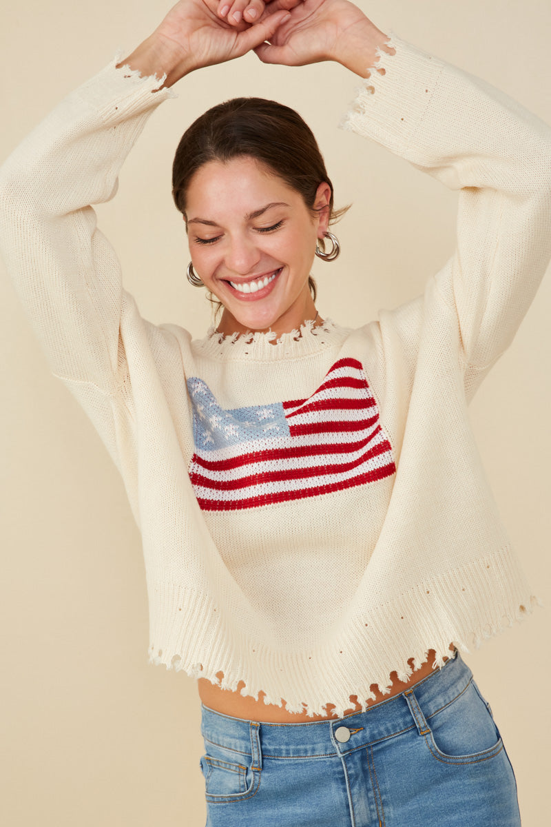 Womens Distressed Old Glory Graphic Sweater