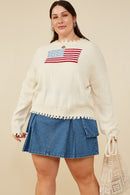 HY8614W Cream Womens Distressed Old Glory Graphic Sweater Front