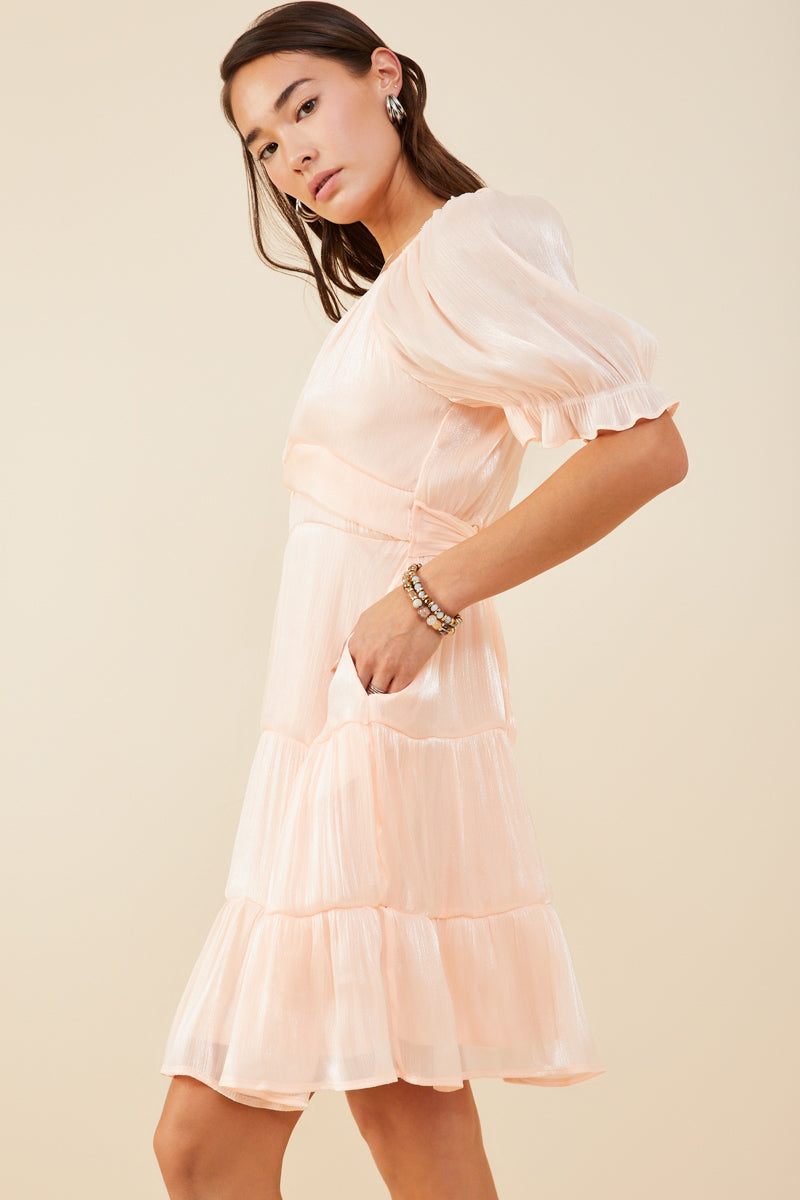 HY8623 Peach Womens Textured Shimmer Tie Detail Dress Side 2