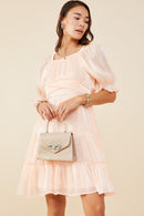 HY8623 Peach Womens Textured Shimmer Tie Detail Dress Front