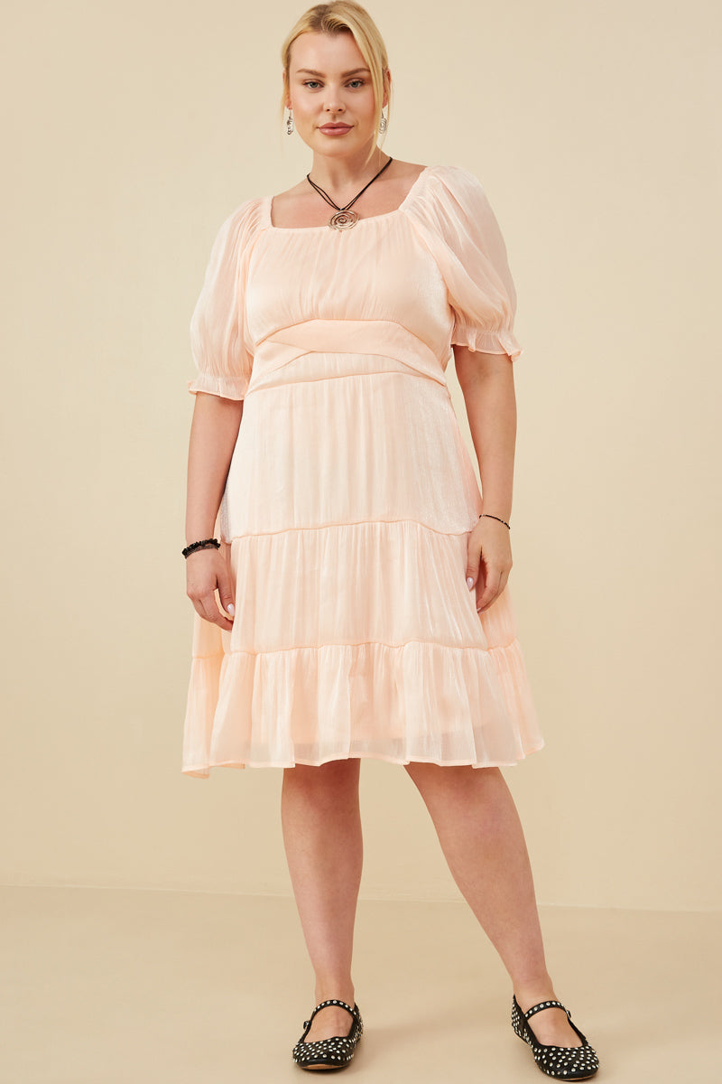 HY8623W Peach Womens Textured Shimmer Tie Detail Dress Pose