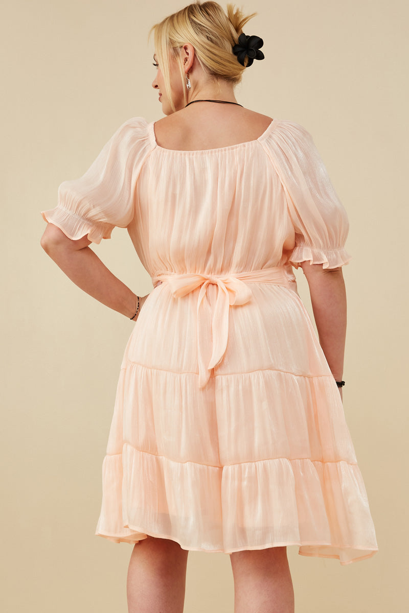 HY8623W Peach Womens Textured Shimmer Tie Detail Dress Back