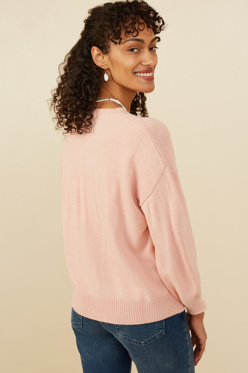 HY8648 Pink Womens Malibu Applique Pullover Sweater Back