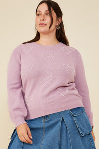 HY8653W Lavender Womens Pearl Hearts Detail Pullover Sweater Front