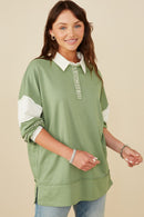 HY8696 Olive Womens Mixed Media Print Blocked Knit Rugby Shirt Pose