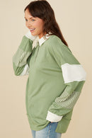 HY8696 Olive Womens Mixed Media Print Blocked Knit Rugby Shirt Side