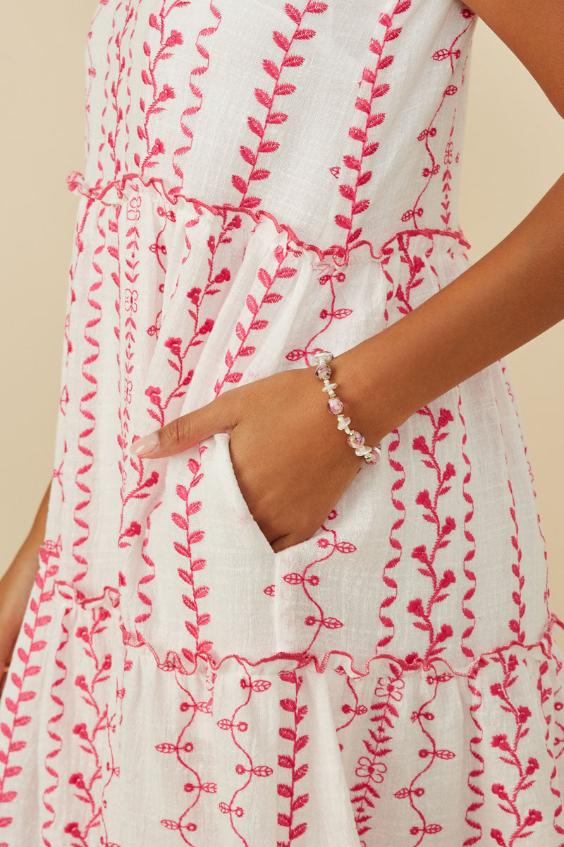 HY8718 Pink Womens Botanical Embroidered Ruffle Tiered Tank Dress Detail