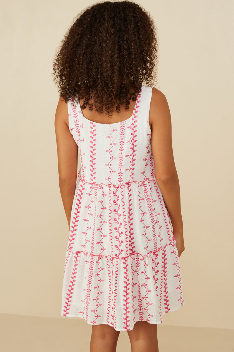 HY8718 Pink Womens Botanical Embroidered Ruffle Tiered Tank Dress Back