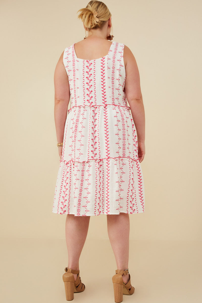 HY8718W Pink Womens Botanical Embroidered Ruffle Tiered Tank Dress Back