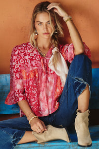 HY8719 PINK MIX Womens Print Blocked Cinch Sleeve Baby Doll Top Editorial