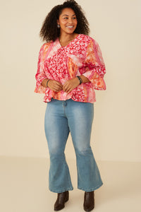 HY8719W PINK MIX Womens Print Blocked Cinch Sleeve Baby Doll Top Pose