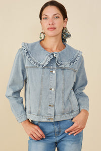 HY8759 Light Denim Womens Exaggerated Ruffle Collar Denim Jacket Front
