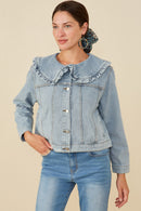 HY8759 Light Denim Womens Exaggerated Ruffle Collar Denim Jacket Front 2