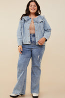 HY8759W Light Denim Womens Exaggerated Ruffle Collar Denim Jacket Pose