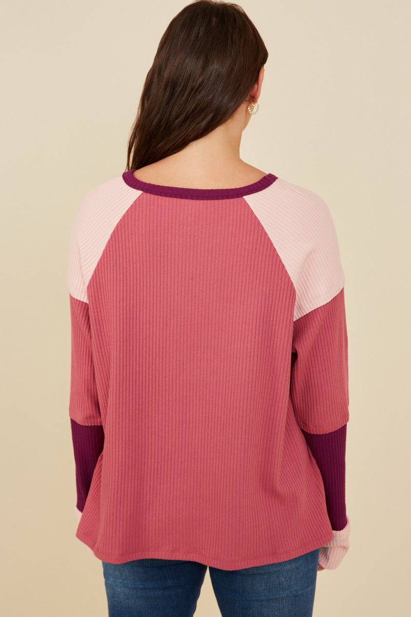 HY8769 Pink Mix  Womens Color Block Ribbed Knit Long Sleeve Top Back